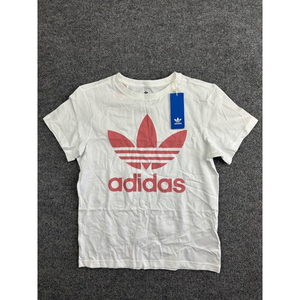 Adidas Shirt Youth 12-13Y Large White Red Trefoil Logo Tee New‎ GN2813 Cotton